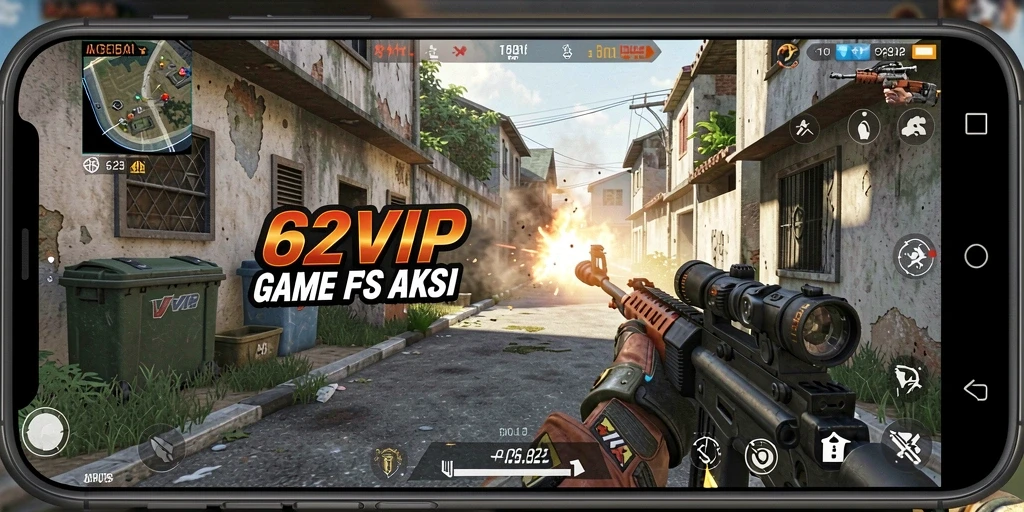 Tangkapan layar dari gameplay intens 62VIP dengan aksi FPS yang mendebarkan.