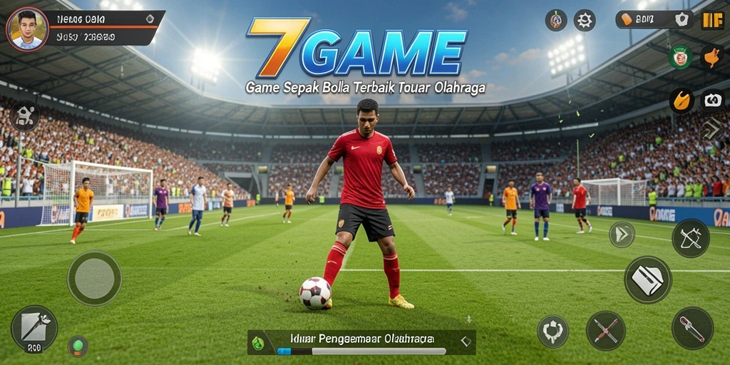 Screenshot utama 7GAME menunjukkan aksi sepak bola yang mendebarkan.
