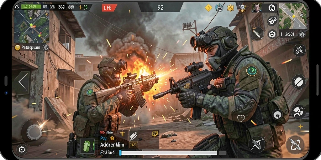 Screenshot gameplay 8364 dengan aksi tembak-menembak yang intens.