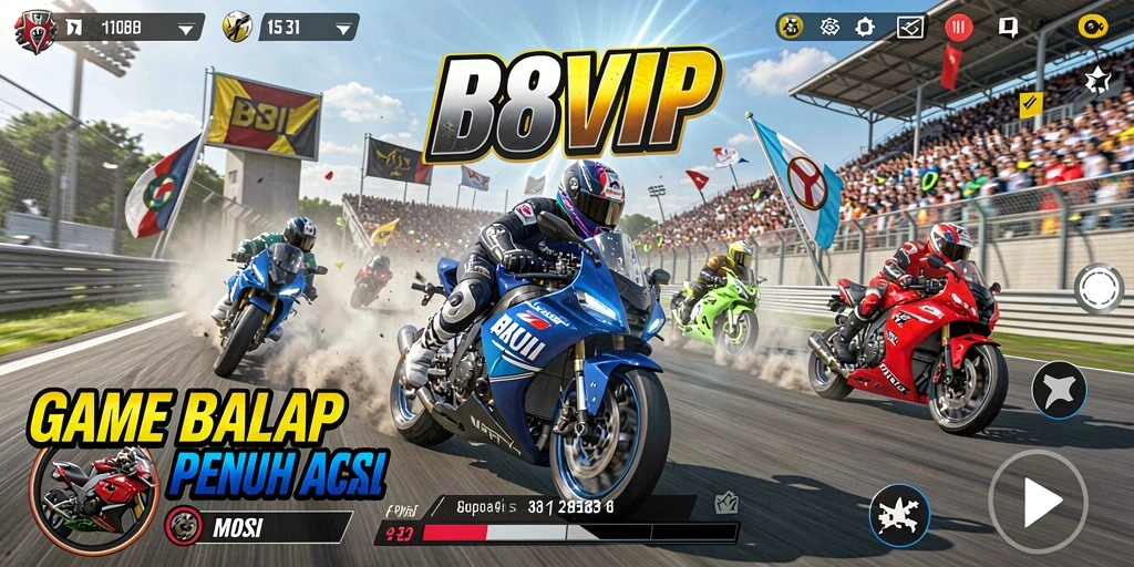Tampilan gameplay B8VIP saat balapan motor yang intens.