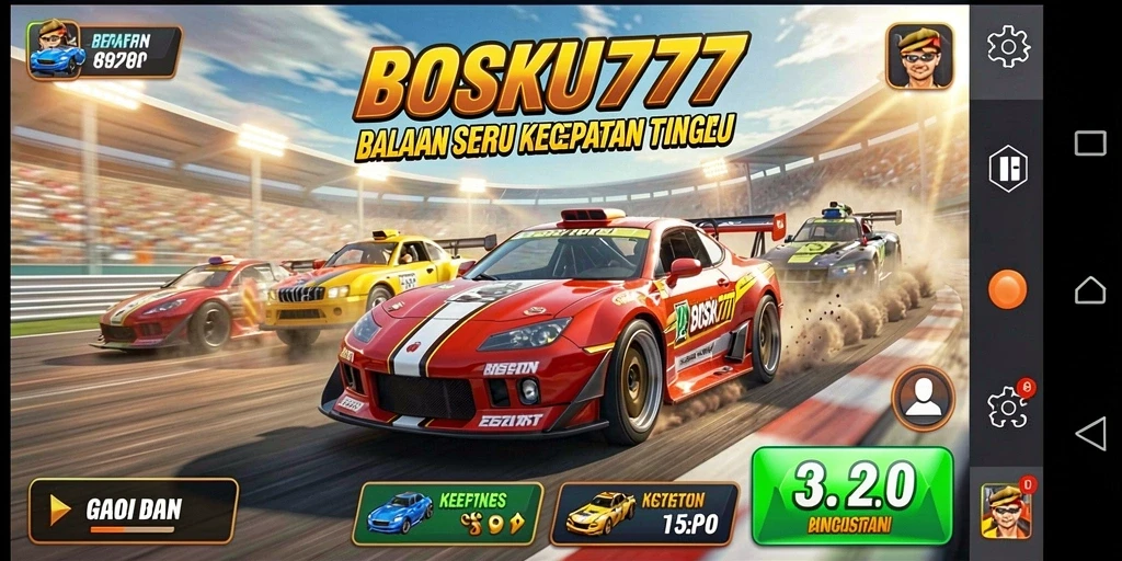 Tampilan gameplay menegangkan di BOSKU777 saat balapan di lintasan.