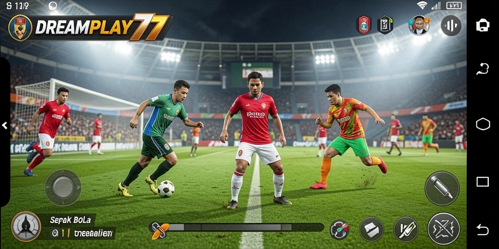 Screenshot utama DREAMPLAY77 menampilkan aksi seru di lapangan sepak bola.