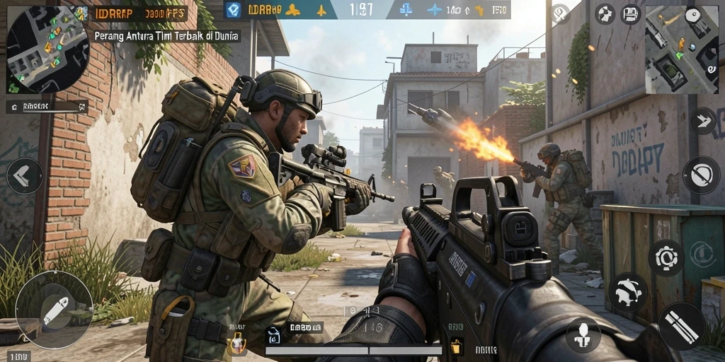 Screenshot menampilkan aksi intens dalam game FPS IDRRP.