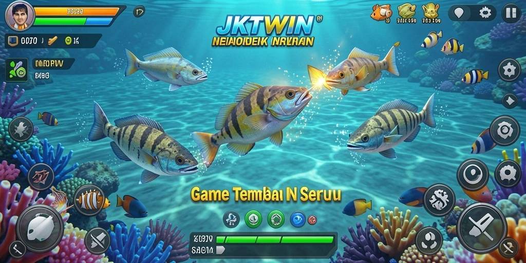 Screenshot utama JKTWIN menunjukkan aksi seru dalam menembak ikan.