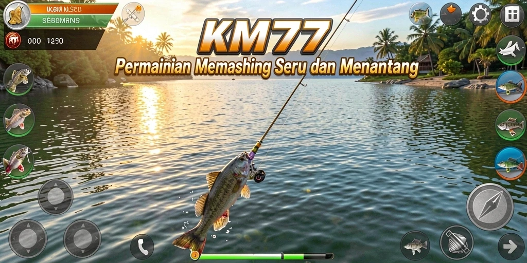 Tampilan gameplay KM777 dengan aktivitas memancing yang mengasyikkan.