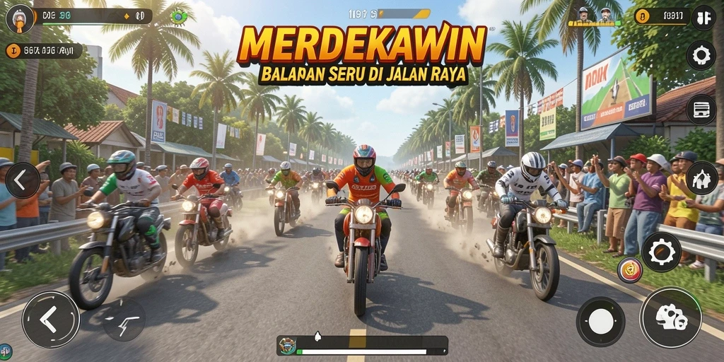 Gameplay balap seru di MERDEKAWIN dengan berbagai trek menantang.