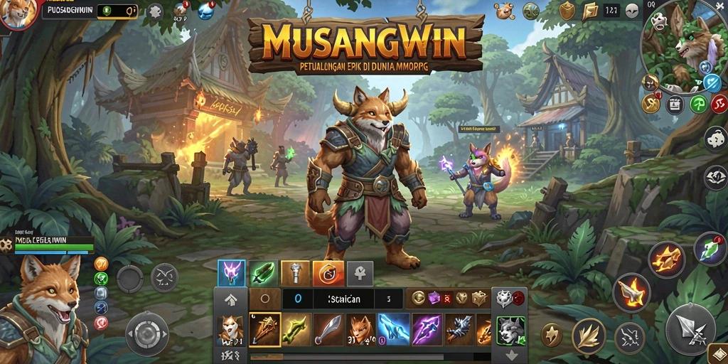 Screenshot MUSANGWIN menampilkan pertarungan seru antara karakter dan monster.