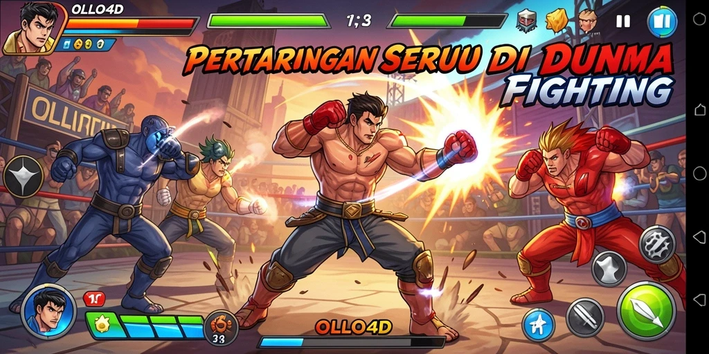 Tampilan karakter dan arena pertarungan yang penuh aksi dalam OLLO4D.