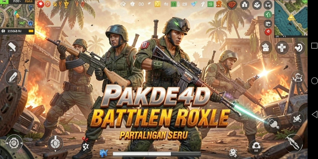 Screenshot utama PAKDE4D menampilkan aksi seru di arena Battle Royale.