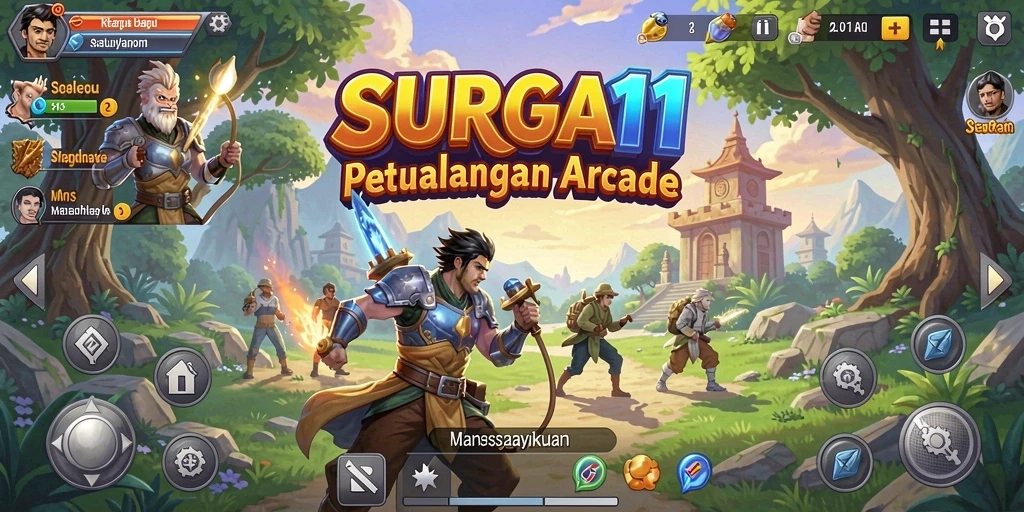Screenshot utama SURGA11 menampilkan gameplay yang penuh aksi dan warna.